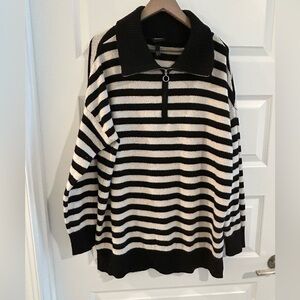 Ulla Popken Quarter Zip Striped Sweater Black Cream Size 12 / 14